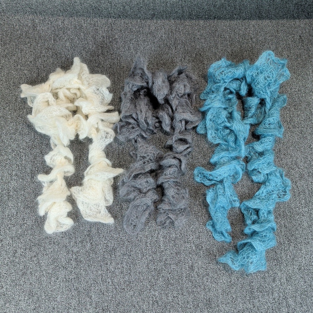 Unbranded Ruffle Scarf Lot of 3 OS Womens Blue Grey White Curly Mesh Knit Fuzzy